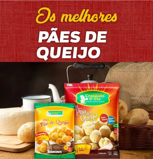Banner com texto “Os melhores pães de queijo”, embalagens de pão de queijo, queijos sobre a mesa e bule de café ao fundo. Imagem representando os produtos distribuídos pela Sasy.