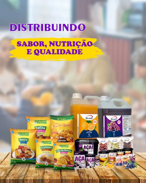 Banner institucional da Sasy Representações com a frase “Distribuindo sabor, nutrição e qualidade” e imagens de sucos, polpas, açaí, frutas congeladas, salgados e preparados das marcas Ricaeli e Croissant & Cia.